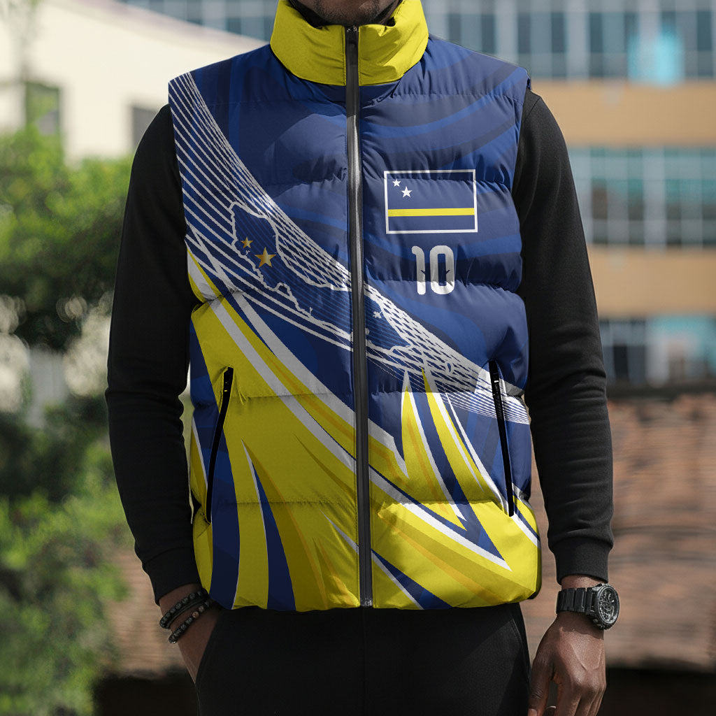 Curacao National Football Custom Sleeveless Puffer Jacket Abstract Sharp Wave Pattern Sporty Style with Map