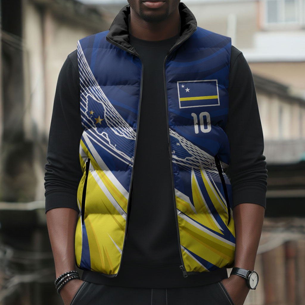 Curacao National Football Custom Sleeveless Puffer Jacket Abstract Sharp Wave Pattern Sporty Style with Map