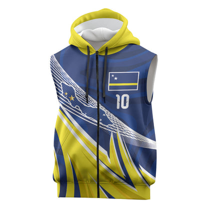 Curacao National Football Custom Sleeveless Zip Hoodie Abstract Sharp Wave Pattern Sporty Style with Map