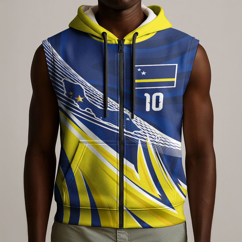Curacao National Football Custom Sleeveless Zip Hoodie Abstract Sharp Wave Pattern Sporty Style with Map