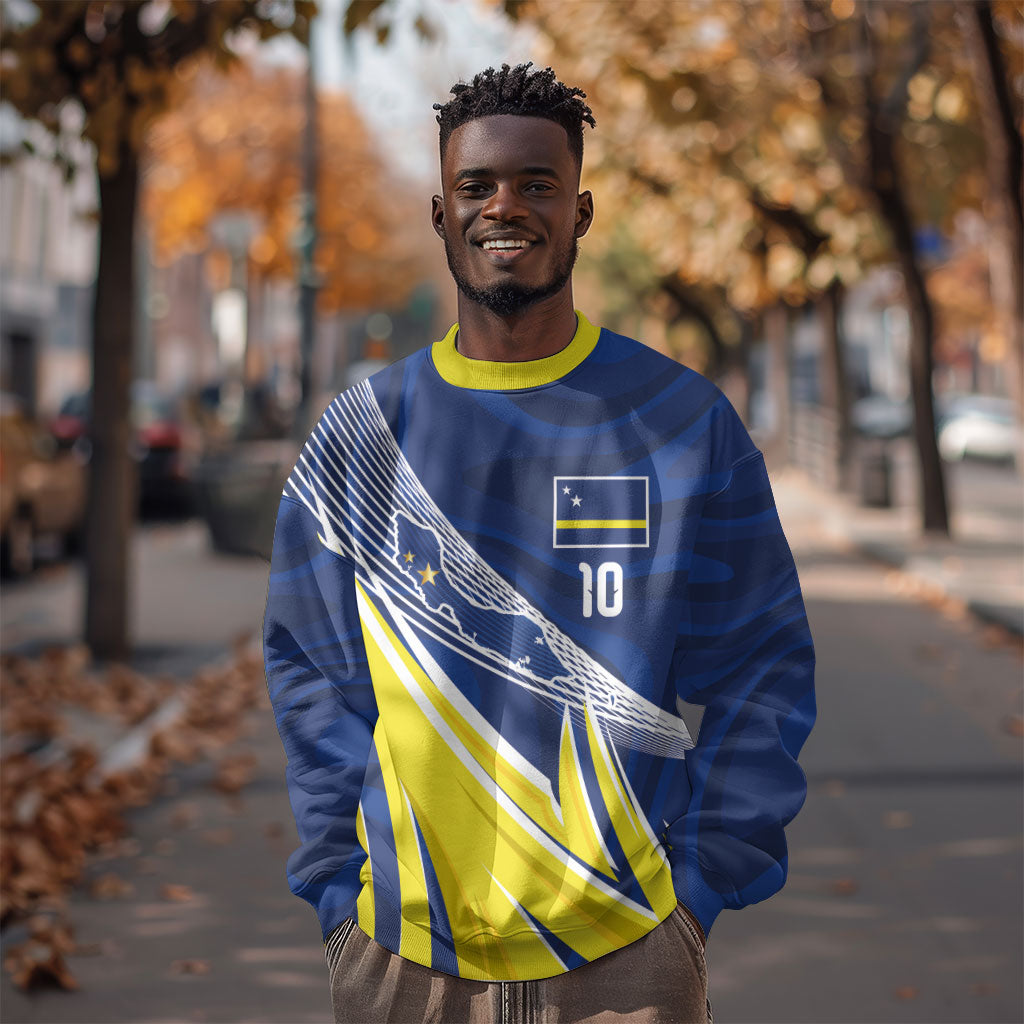 Curacao National Football Custom Sweatshirt Abstract Sharp Wave Pattern Sporty Style with Map