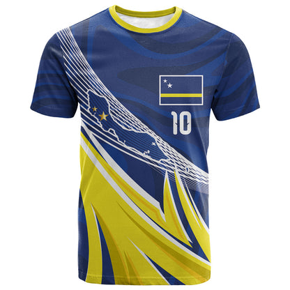Curacao National Football Custom T shirt Abstract Sharp Wave Pattern Sporty Style with Map