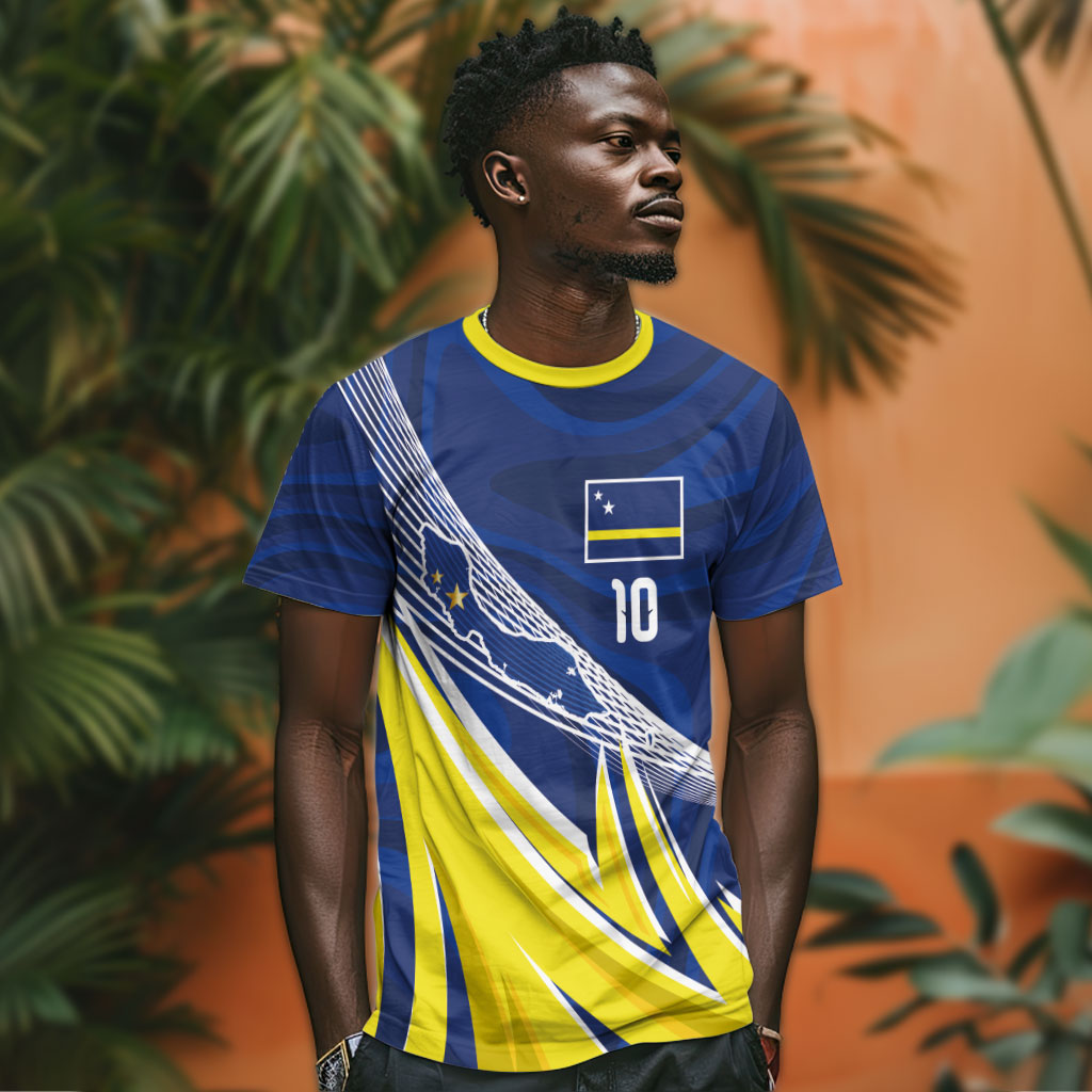 Curacao National Football Custom T shirt Abstract Sharp Wave Pattern Sporty Style with Map