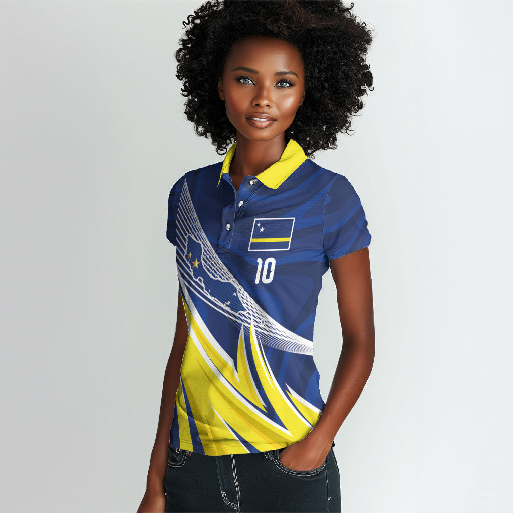 Curacao National Football Custom Women Polo Shirt Abstract Sharp Wave Pattern Sporty Style with Map