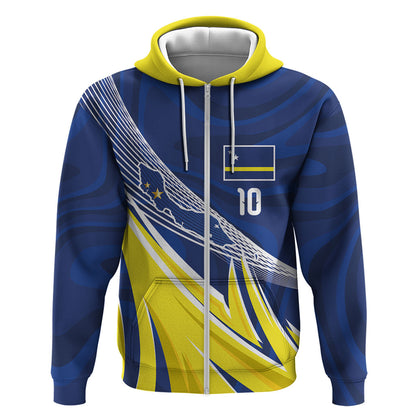 Curacao National Football Custom Zip Hoodie Abstract Sharp Wave Pattern Sporty Style with Map