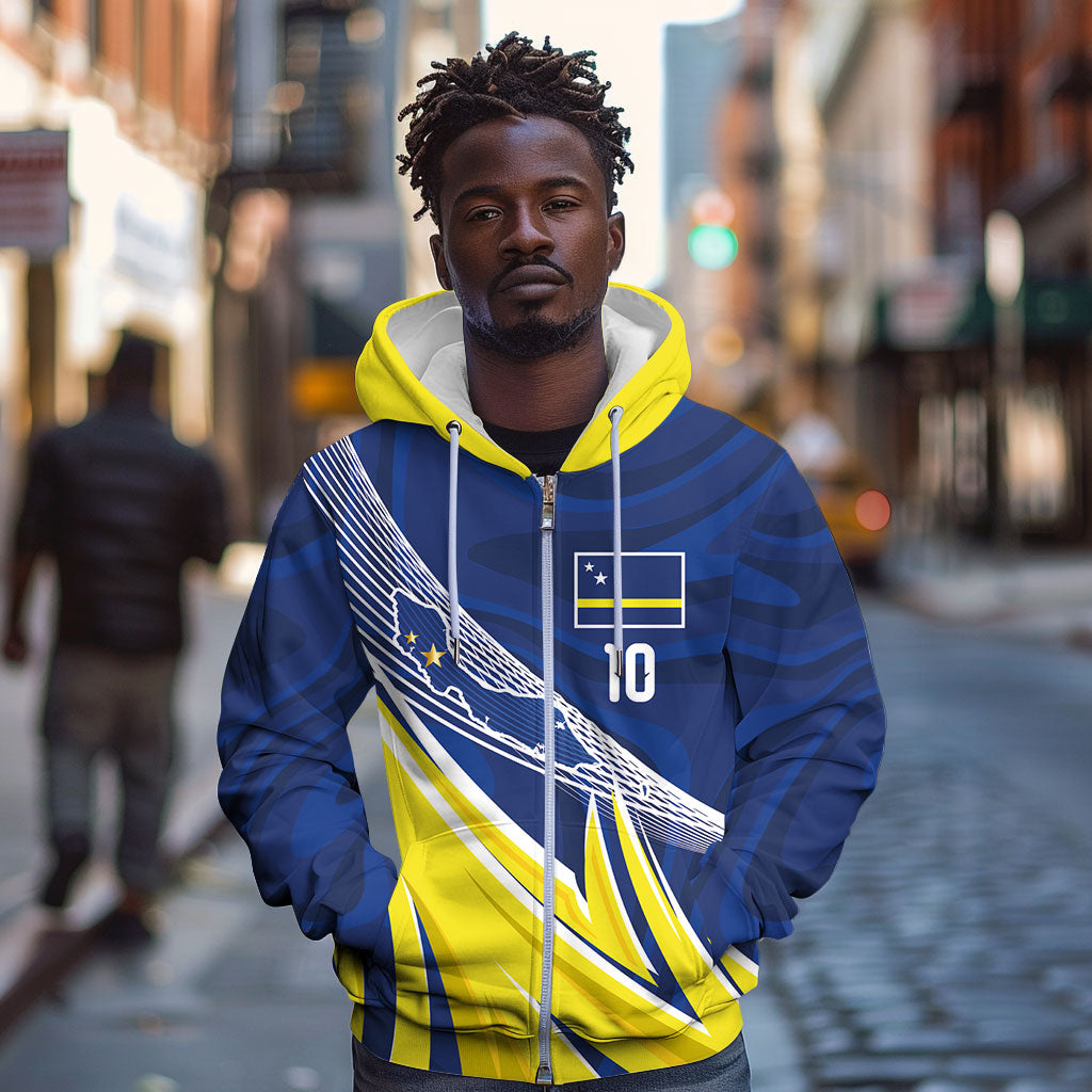 Curacao National Football Custom Zip Hoodie Abstract Sharp Wave Pattern Sporty Style with Map