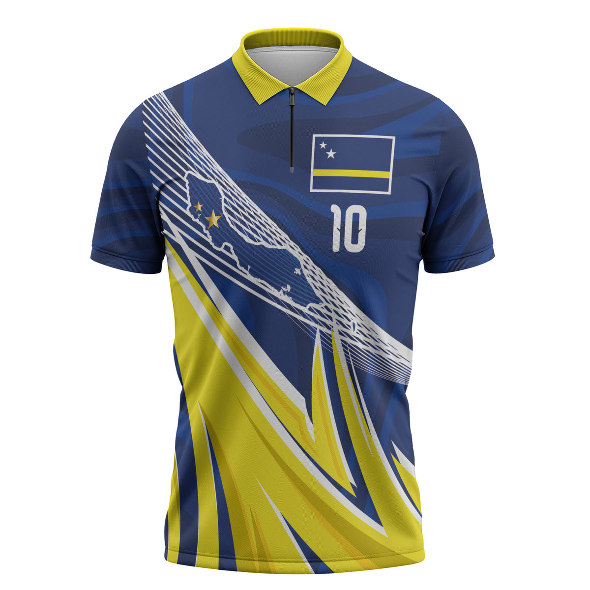Curacao National Football Custom Zipper Polo Shirt Abstract Sharp Wave Pattern Sporty Style with Map