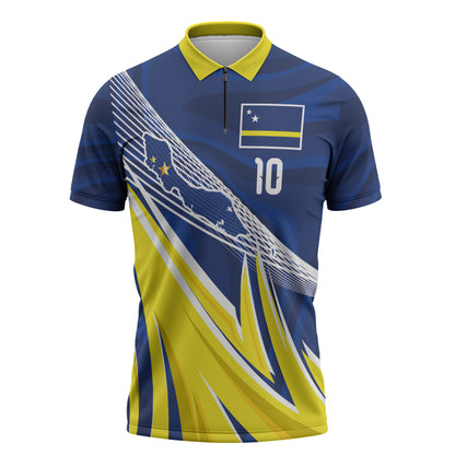 Curacao National Football Custom Zipper Polo Shirt Abstract Sharp Wave Pattern Sporty Style with Map