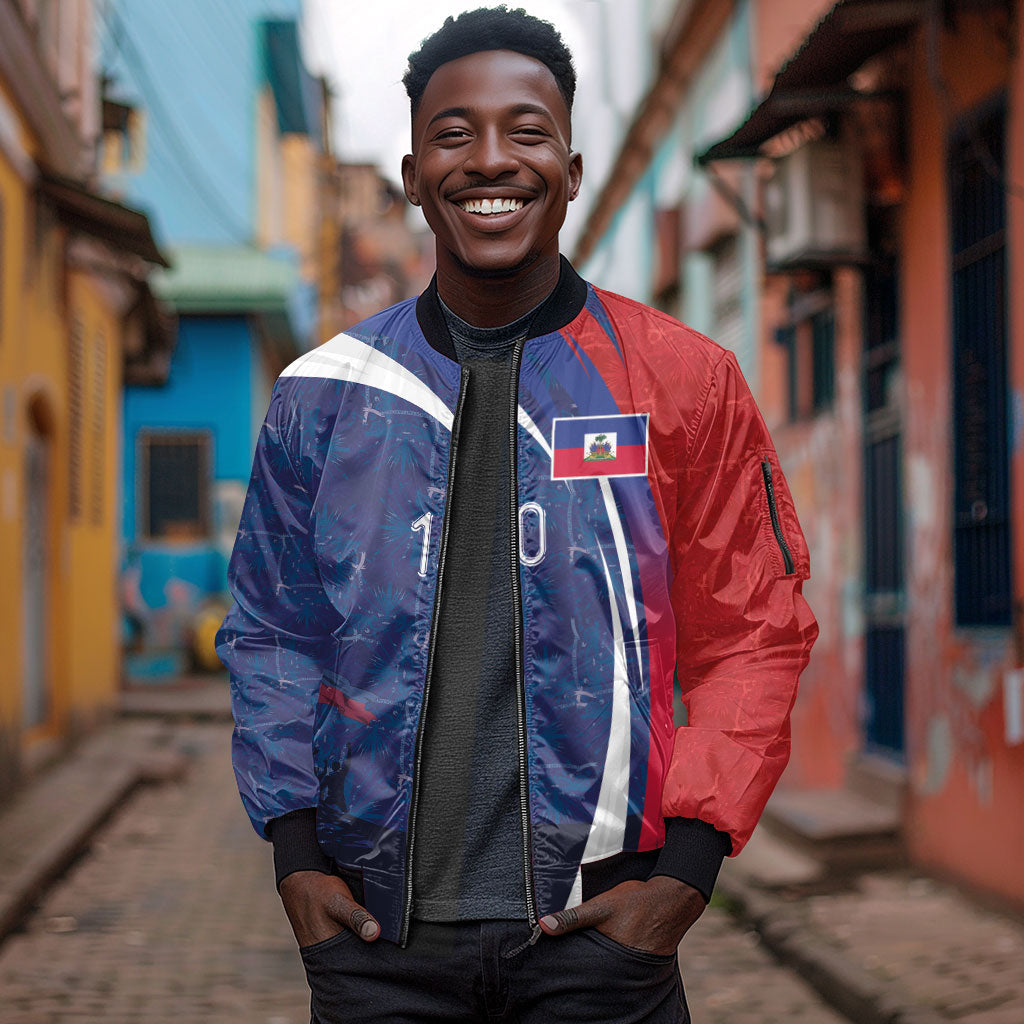 Haiti Football Custom Sleeve Zip Bomber Jacket Abstract Graphic Style Patriotic