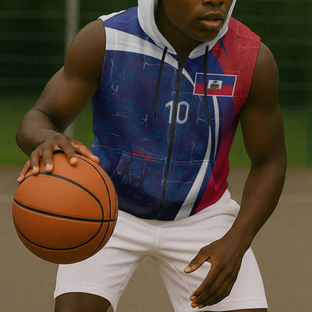 Haiti Football Custom Sleeveless Zip Hoodie Abstract Graphic Style Patriotic