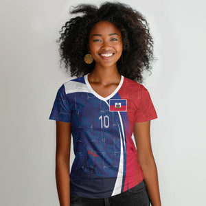 Haiti Football Custom Women V-Neck T-Shirt Abstract Graphic Style Patriotic