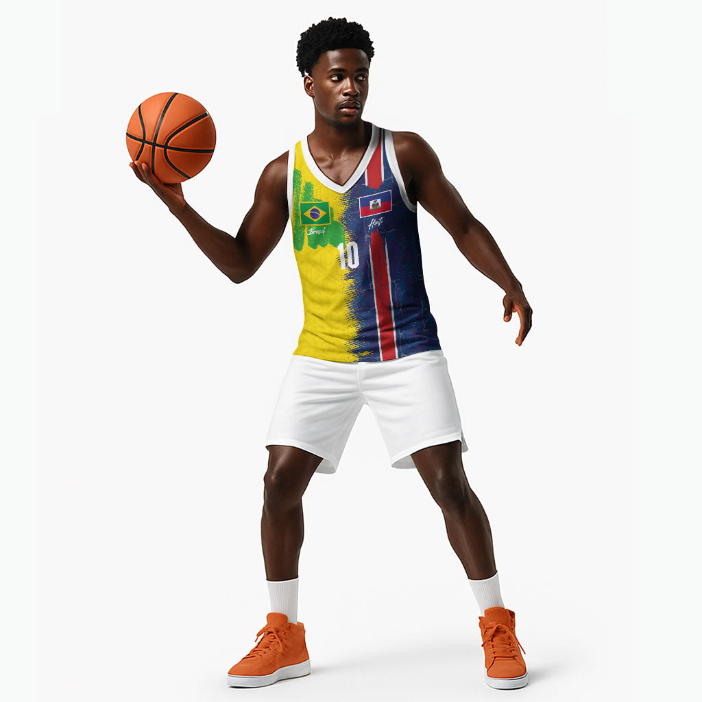 Haiti and Brazil Football Custom Basketball Jersey Splash Half Split