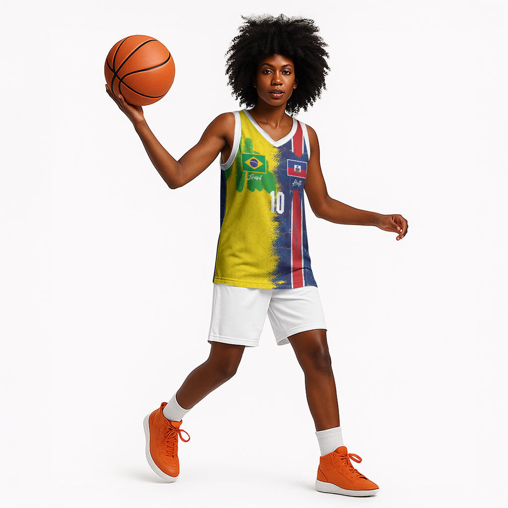 Haiti and Brazil Football Custom Basketball Jersey Splash Half Split