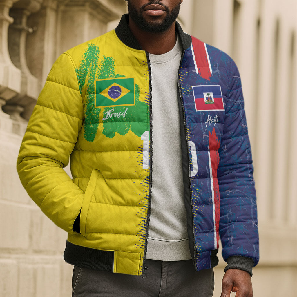 Haiti and Brazil Football Custom Bomber Puffer Jacket Splash Half Split