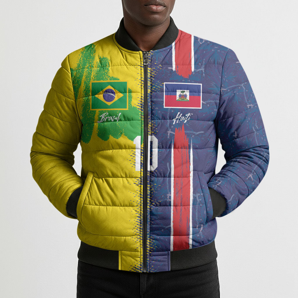 Haiti and Brazil Football Custom Bomber Puffer Jacket Splash Half Split