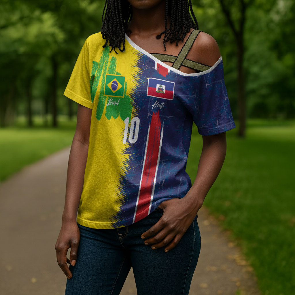 Haiti and Brazil Football Custom Cross Shoulder Shirt Splash Half Split