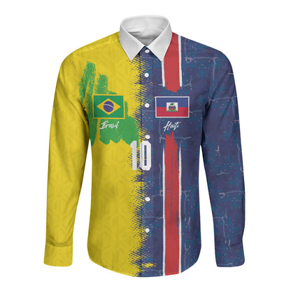 Haiti and Brazil Football Custom Long Sleeve Button Shirt Splash Half Split