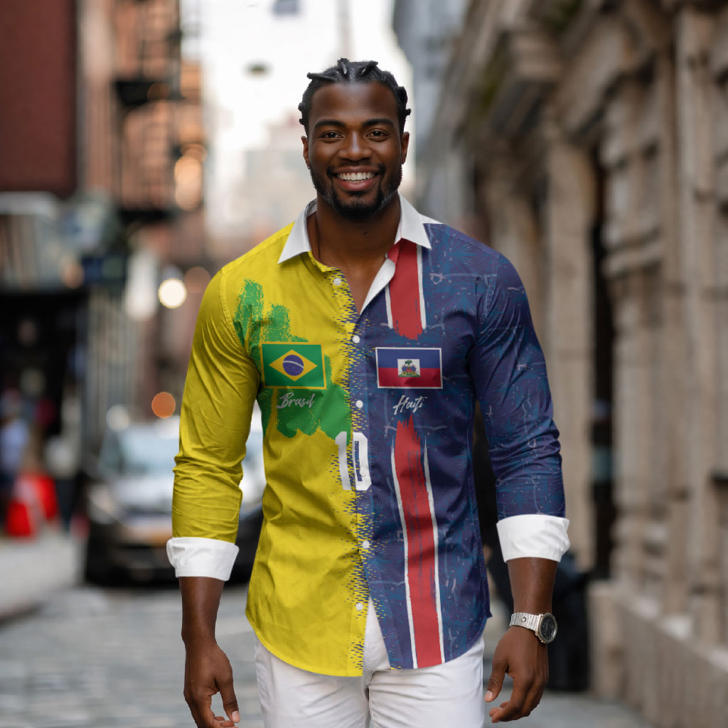 Haiti and Brazil Football Custom Long Sleeve Button Shirt Splash Half Split