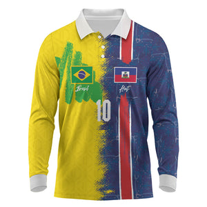Haiti and Brazil Football Custom Long Sleeve Polo Shirt Splash Half Split