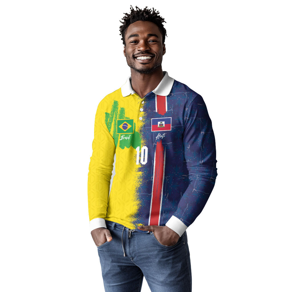 Haiti and Brazil Football Custom Long Sleeve Polo Shirt Splash Half Split