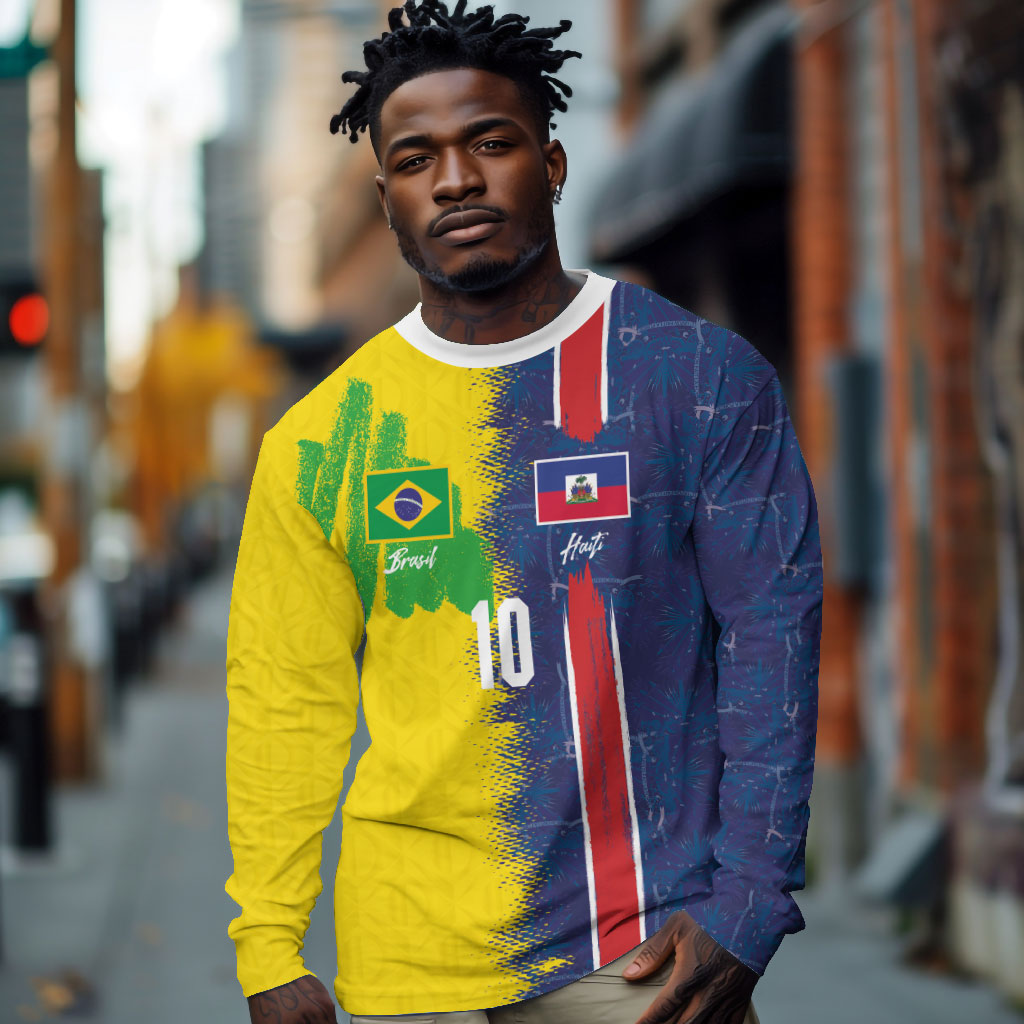 Haiti and Brazil Football Custom Long Sleeve Shirt Splash Half Split
