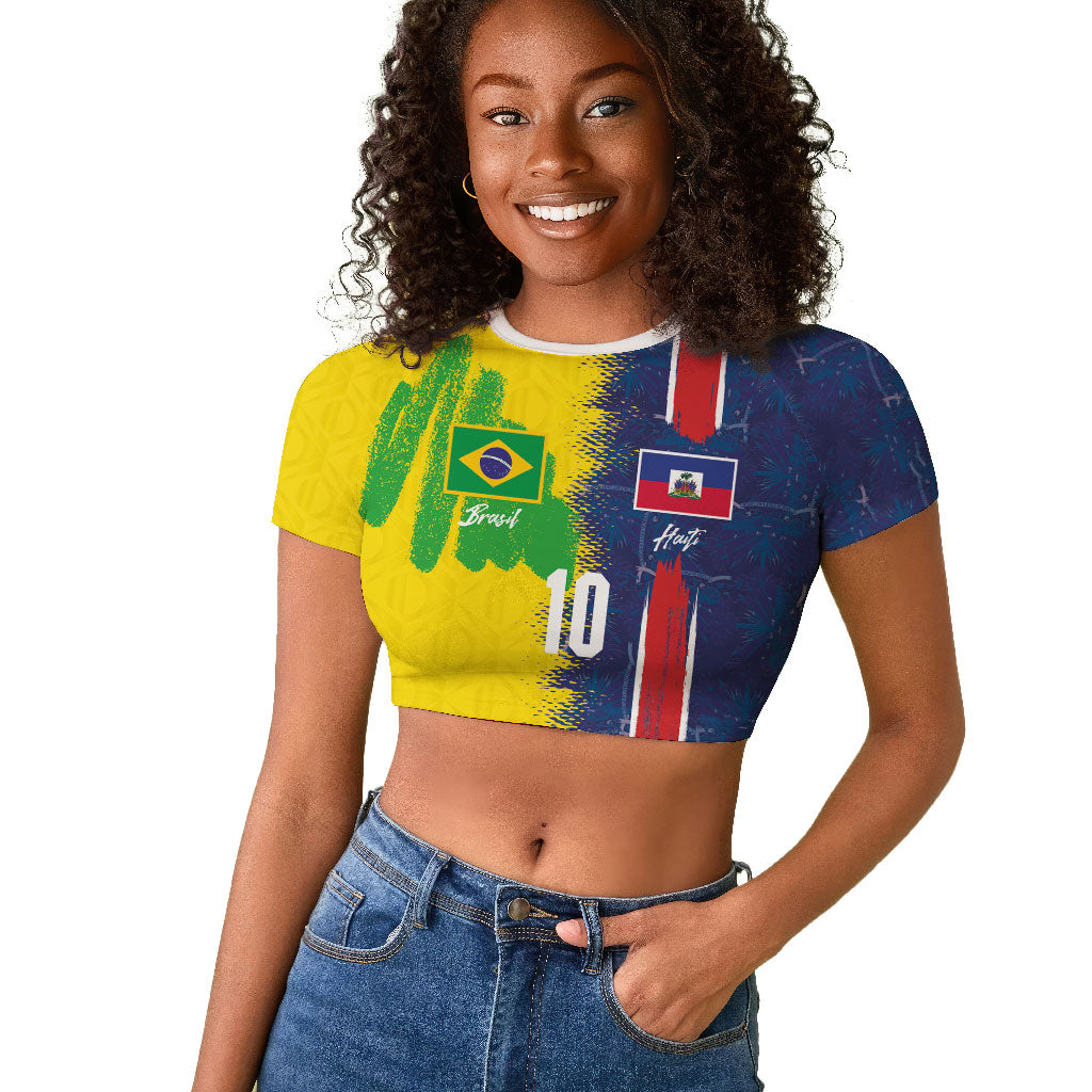 Haiti and Brazil Football Custom Raglan Cropped T shirt Splash Half Split