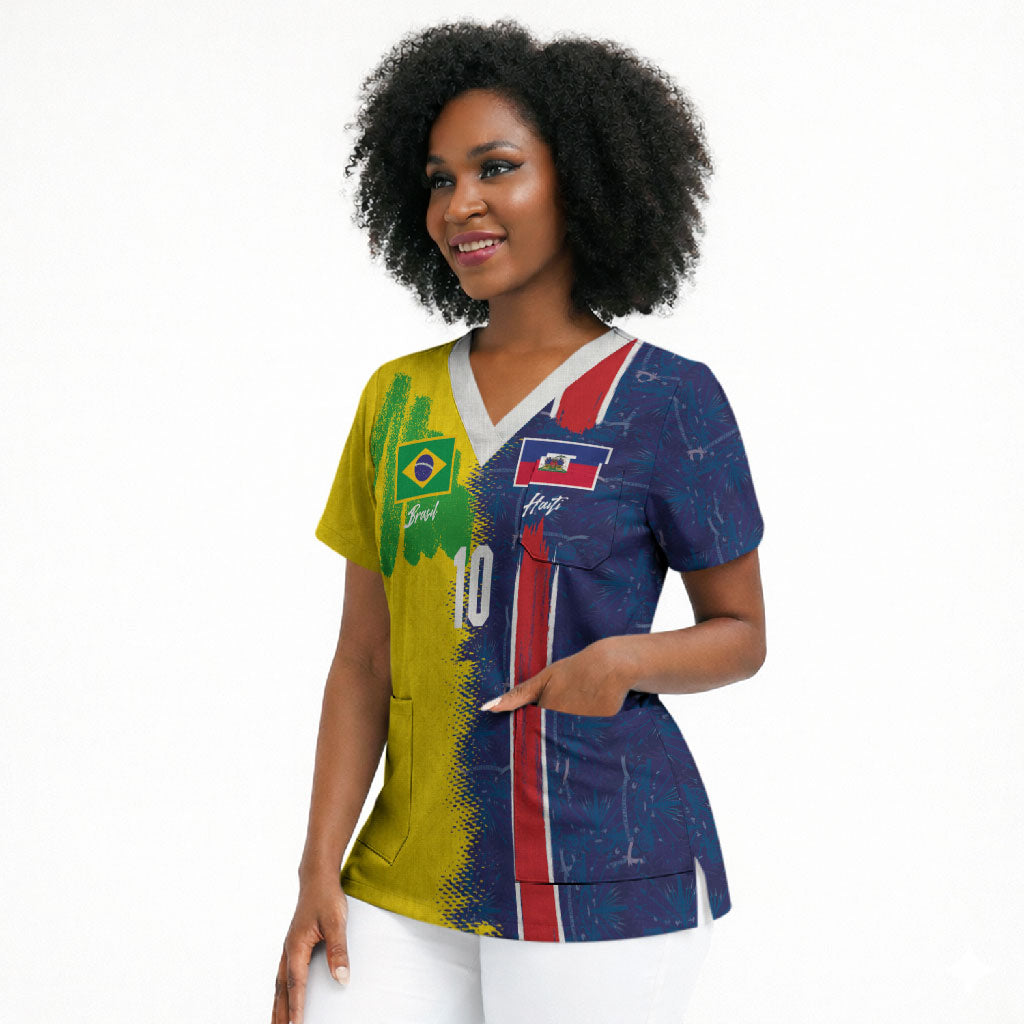 Haiti and Brazil Football Custom Scrub Top Splash Half Split