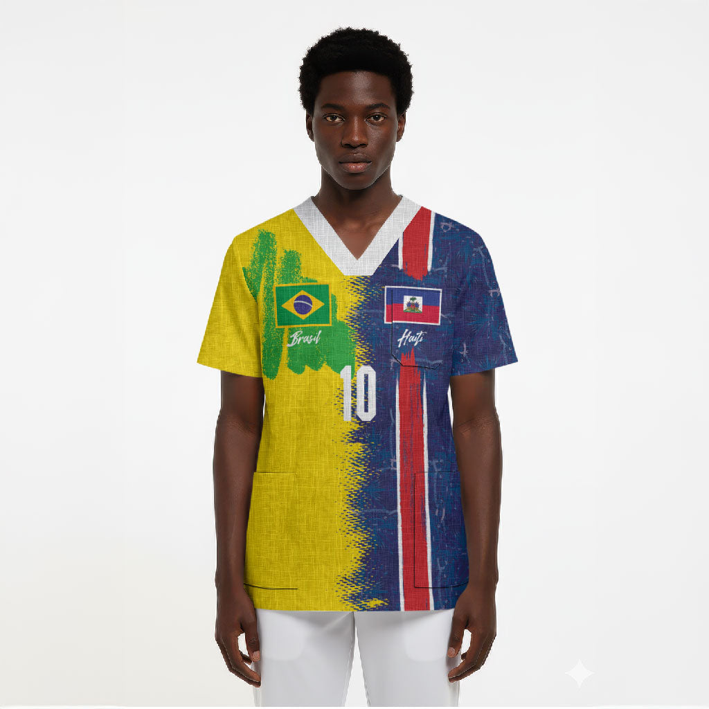 Haiti and Brazil Football Custom Scrub Top Splash Half Split