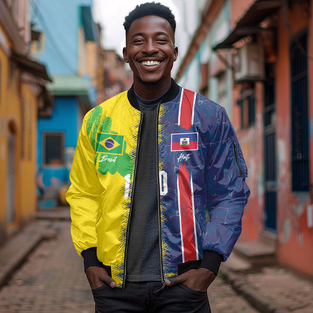 Haiti and Brazil Football Custom Sleeve Zip Bomber Jacket Splash Half Split