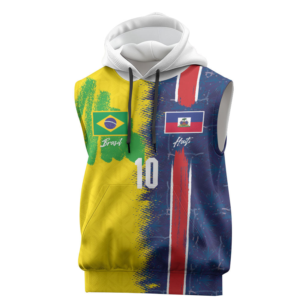 Haiti and Brazil Football Custom Sleeveless Hoodie Splash Half Split