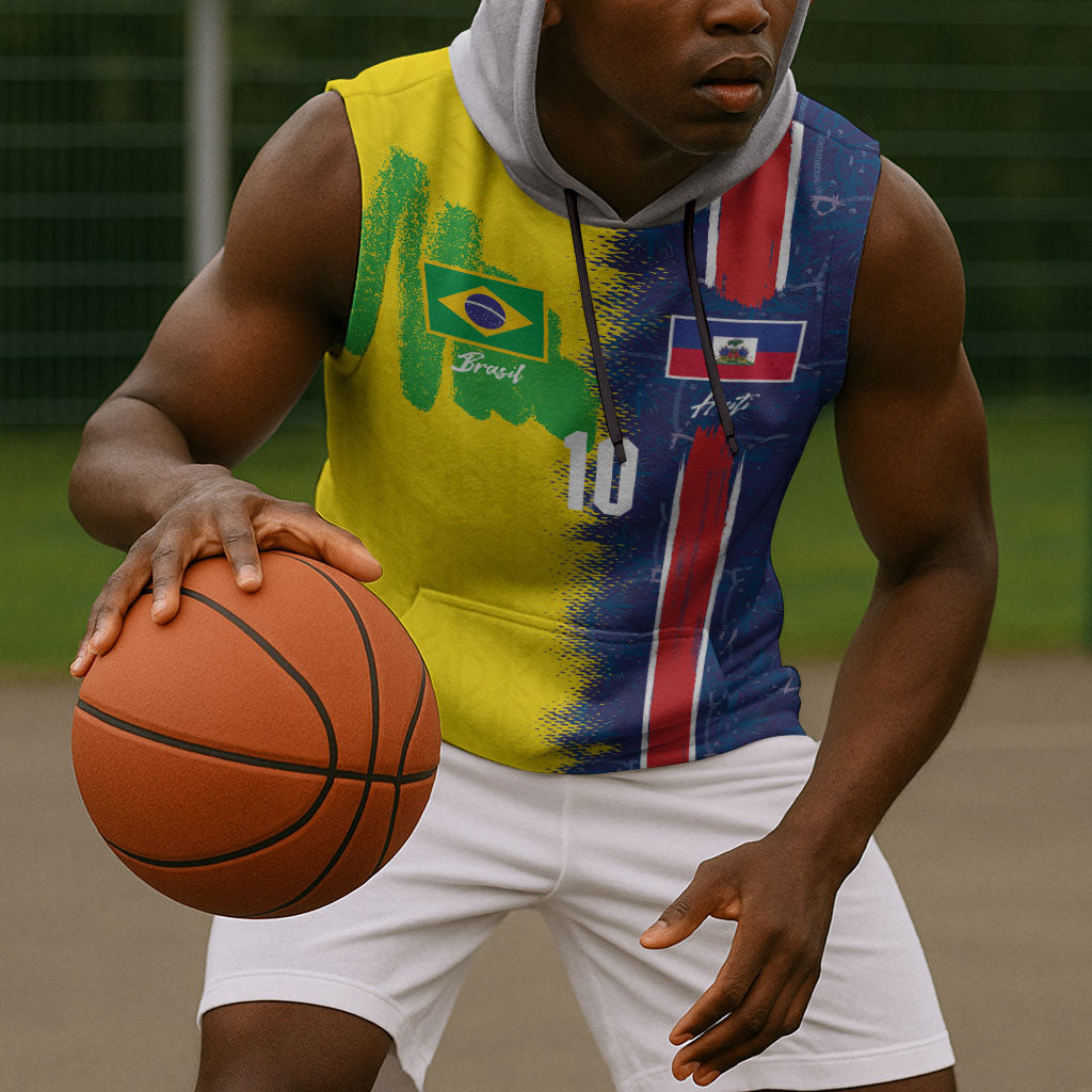 Haiti and Brazil Football Custom Sleeveless Hoodie Splash Half Split
