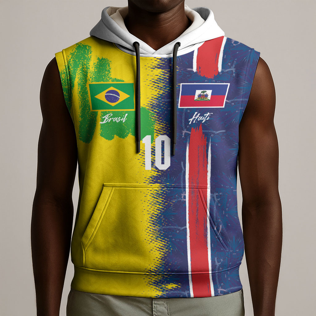 Haiti and Brazil Football Custom Sleeveless Hoodie Splash Half Split