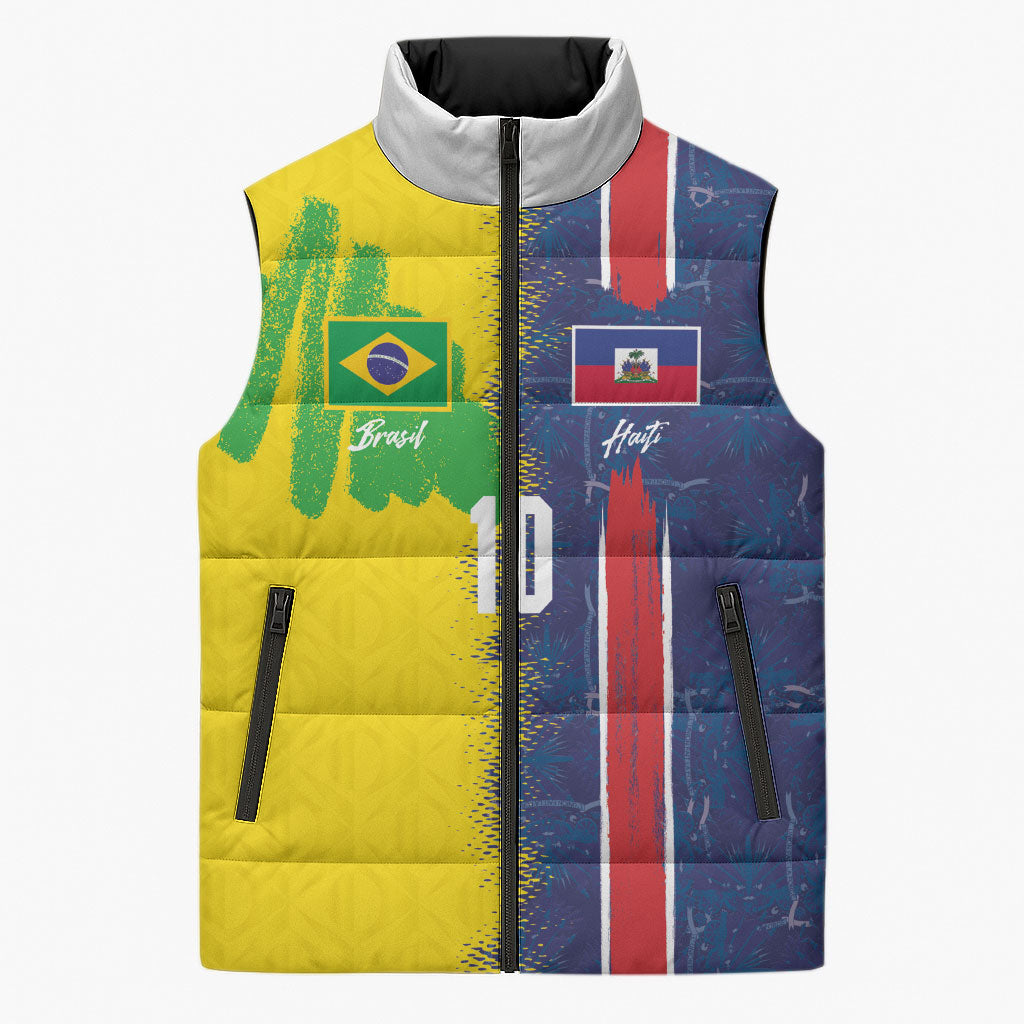 Haiti and Brazil Football Custom Sleeveless Puffer Jacket Splash Half Split