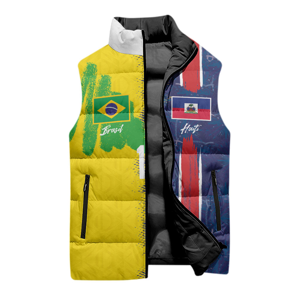 Haiti and Brazil Football Custom Sleeveless Puffer Jacket Splash Half Split