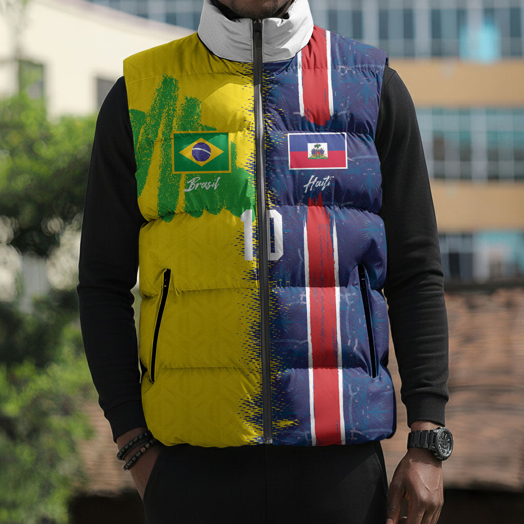 Haiti and Brazil Football Custom Sleeveless Puffer Jacket Splash Half Split