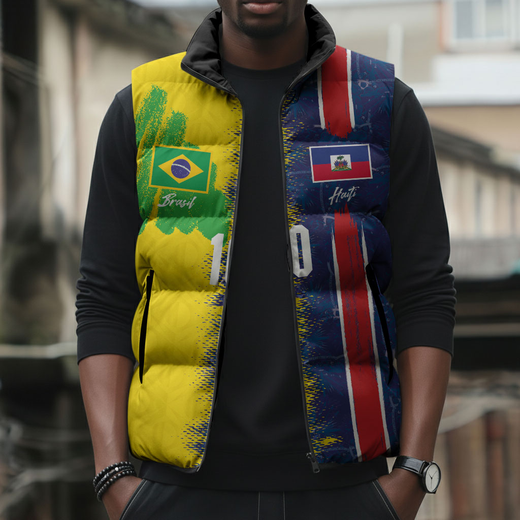 Haiti and Brazil Football Custom Sleeveless Puffer Jacket Splash Half Split