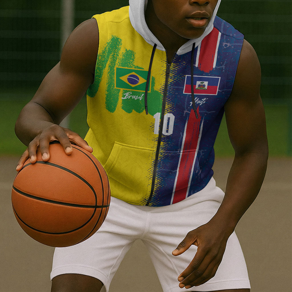 Haiti and Brazil Football Custom Sleeveless Zip Hoodie Splash Half Split