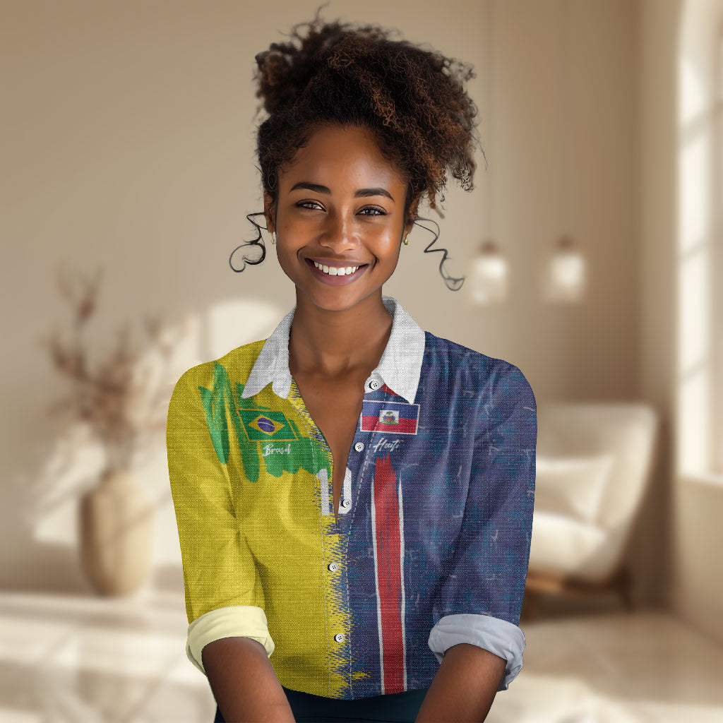 Haiti and Brazil Football Custom Women Casual Shirt Splash Half Split