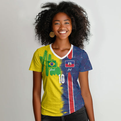 Haiti and Brazil Football Custom Women V-Neck T-Shirt Splash Half Split