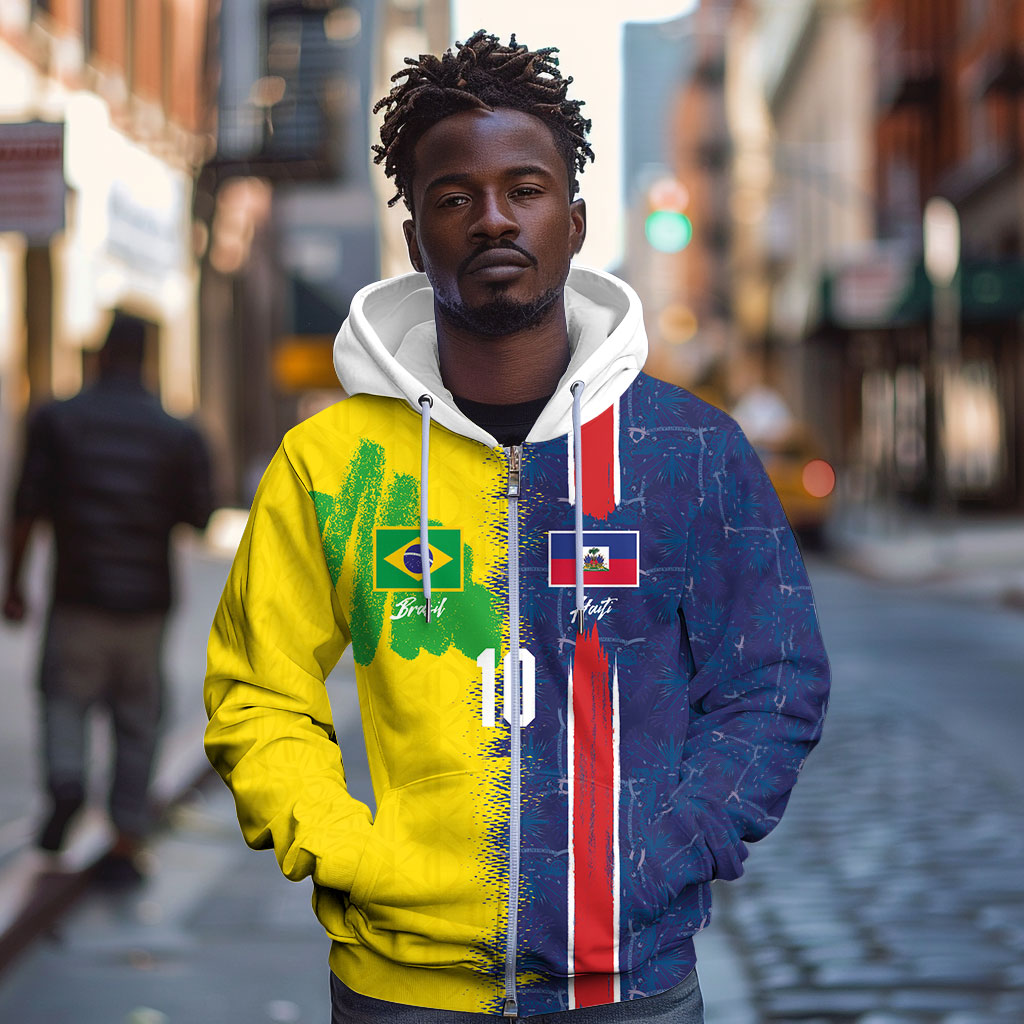 Haiti and Brazil Football Custom Zip Hoodie Splash Half Split