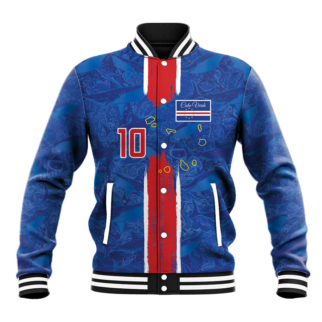Cabo Verde Custom Baseball Jacket Paint Brush Stroke Shark Pattern Map Design