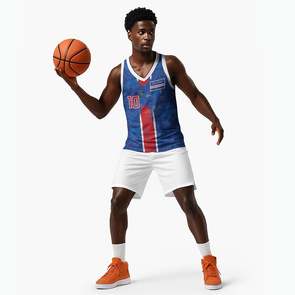 Cabo Verde Custom Basketball Jersey Paint Brush Stroke Shark Pattern Map Design