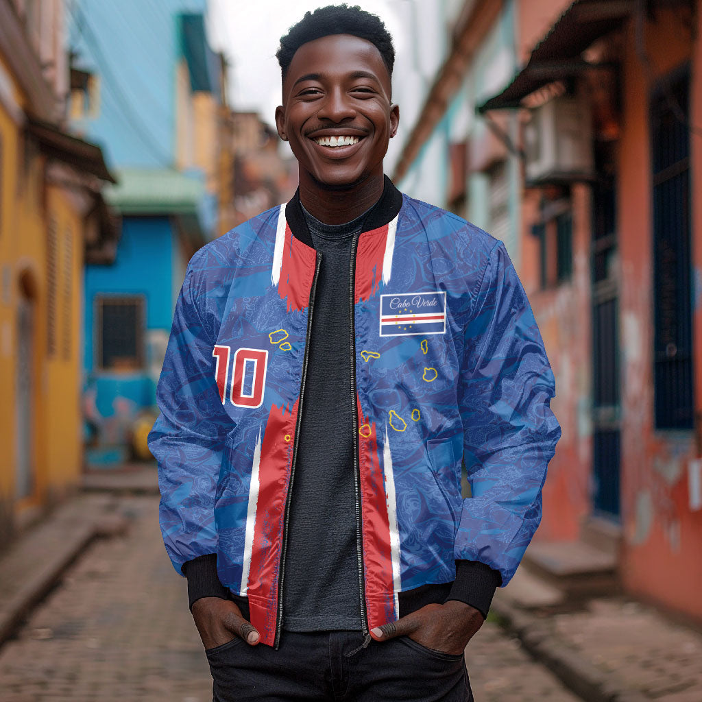 Cabo Verde Custom Bomber Jacket Paint Brush Stroke Shark Pattern Map Design