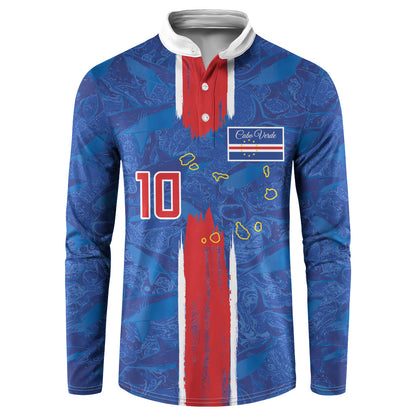 Cabo Verde Custom Button Sweatshirt Paint Brush Stroke Shark Pattern Map Design