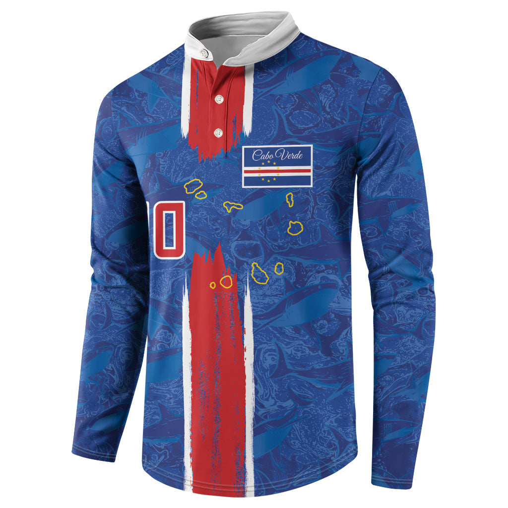 Cabo Verde Custom Button Sweatshirt Paint Brush Stroke Shark Pattern Map Design