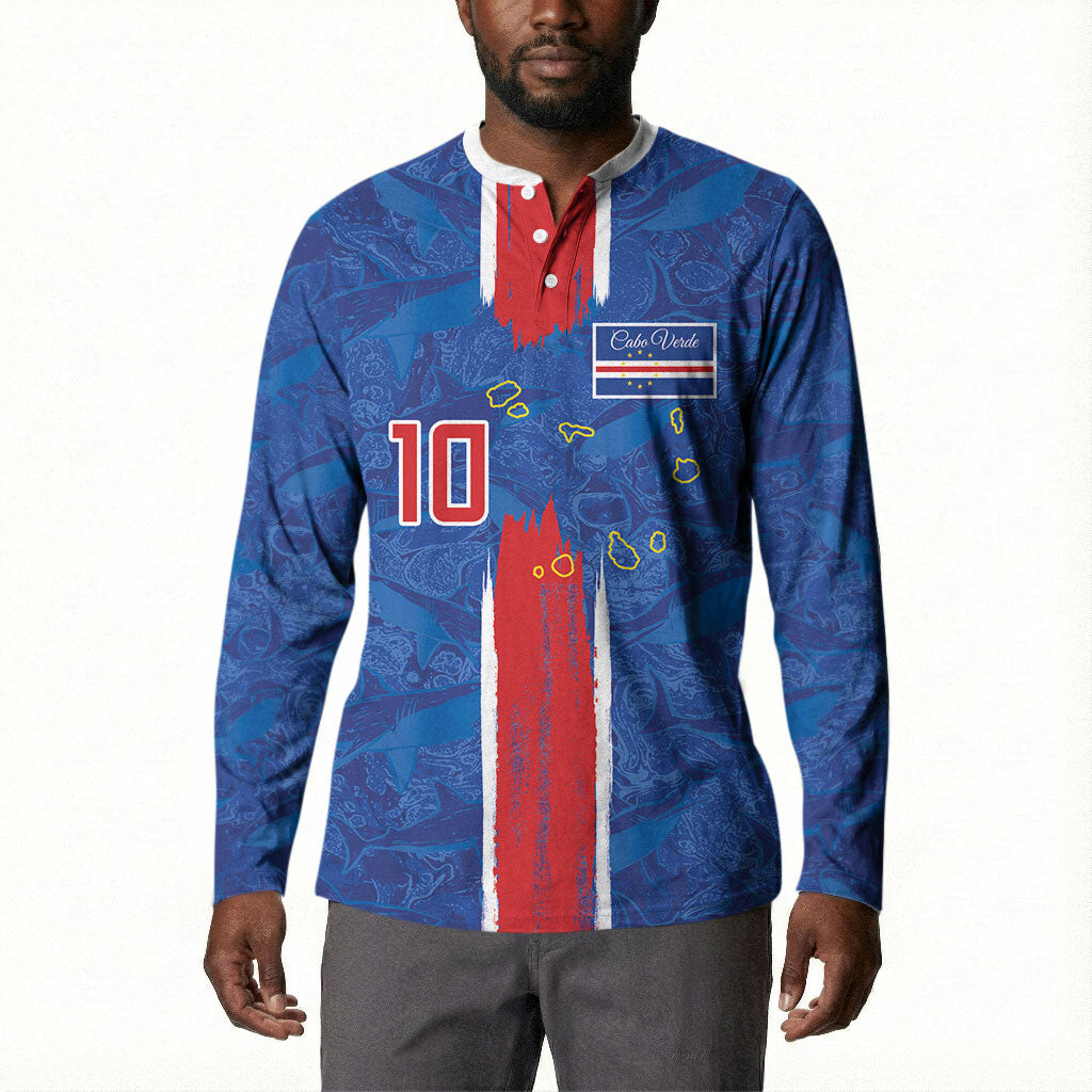 Cabo Verde Custom Button Sweatshirt Paint Brush Stroke Shark Pattern Map Design