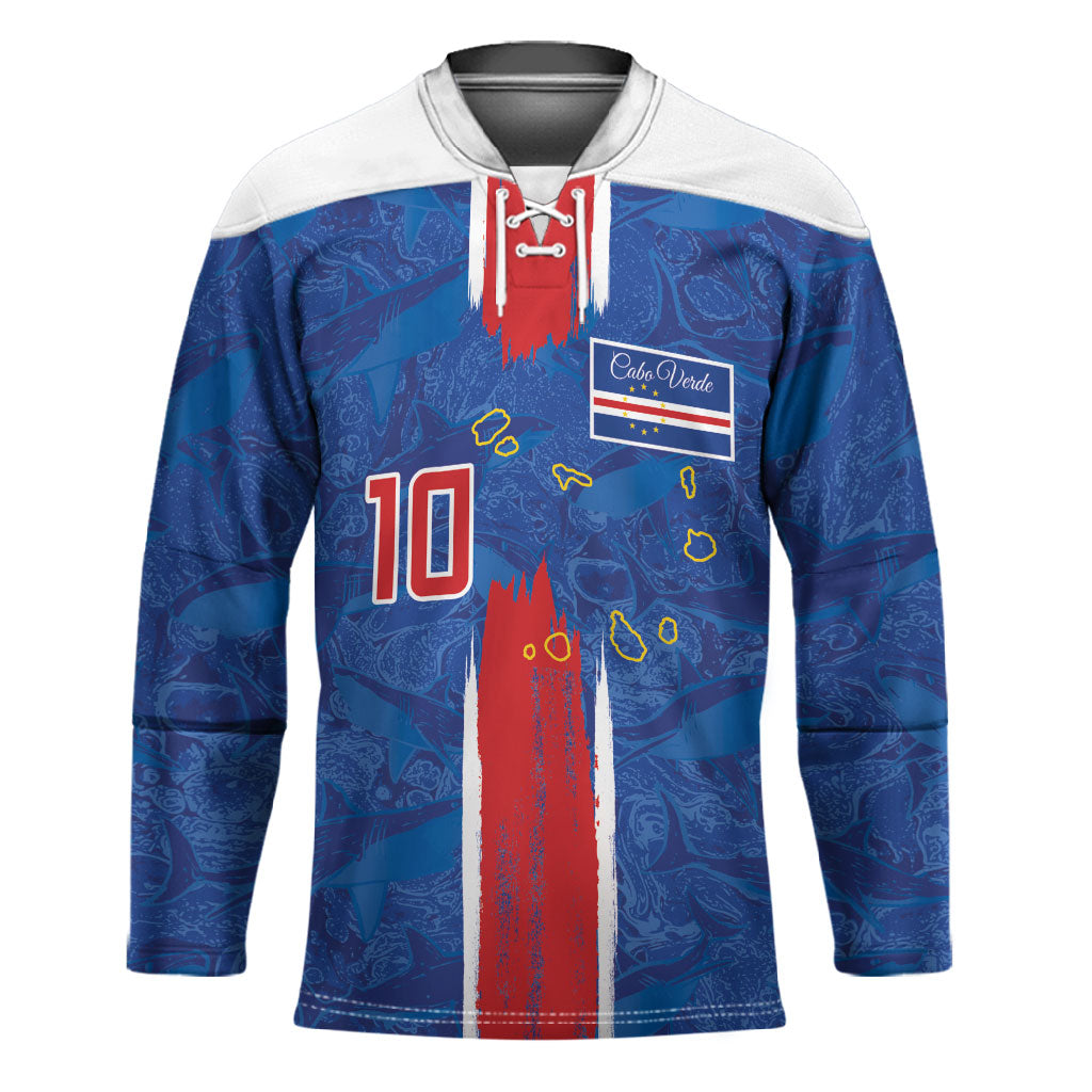 Cabo Verde Custom Hockey Jersey Paint Brush Stroke Shark Pattern Map Design