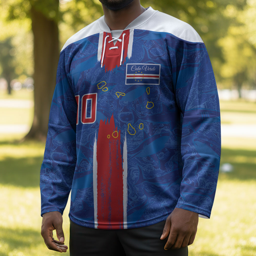 Cabo Verde Custom Hockey Jersey Paint Brush Stroke Shark Pattern Map Design