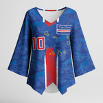 Cabo Verde Custom Kimono Sleeve Blouse Paint Brush Stroke Shark Pattern Map Design