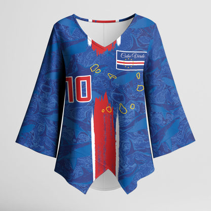 Cabo Verde Custom Kimono Sleeve Blouse Paint Brush Stroke Shark Pattern Map Design